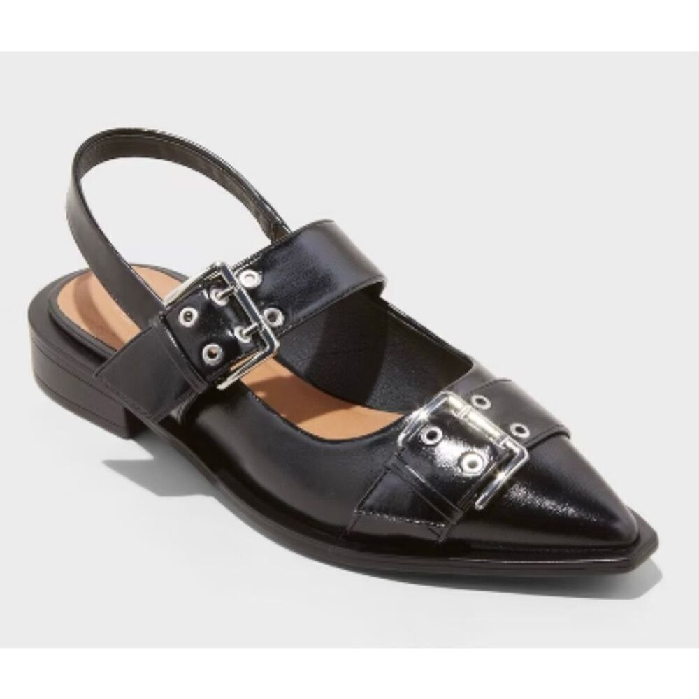 Wild Fable Peyton double buckle black point toe sling back flats size 6 - Picture 1 of 9